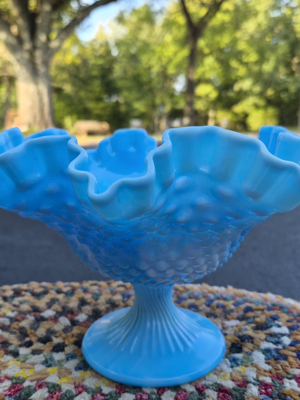 Fenton Blue Opalescent Hobnail Ruffled Compote